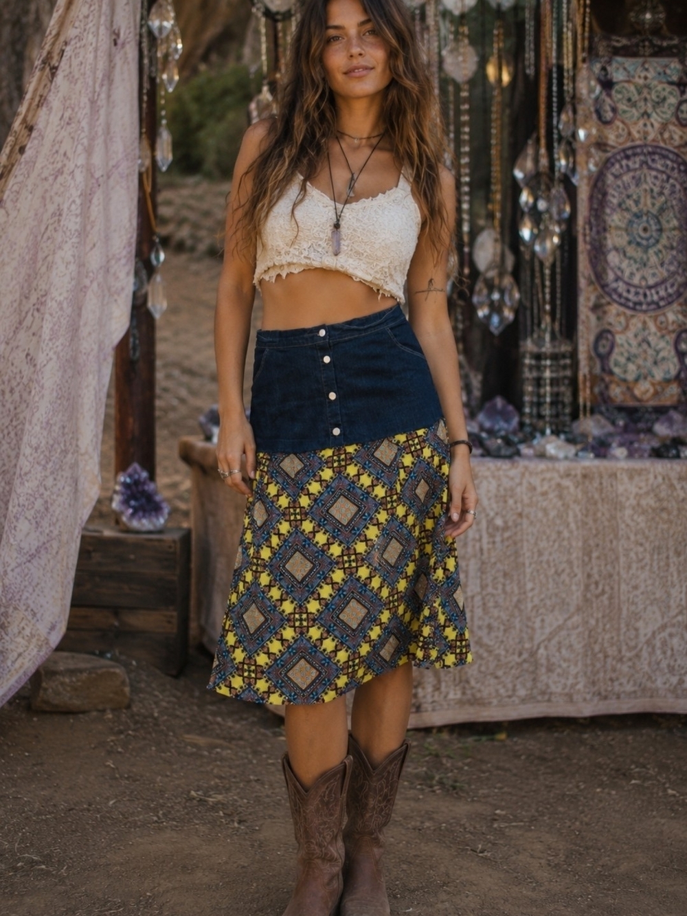 4/$15 Denim Waist Yellow Patterned Maxi Skirt OOAKUpcycle Handcrafted Women's XL